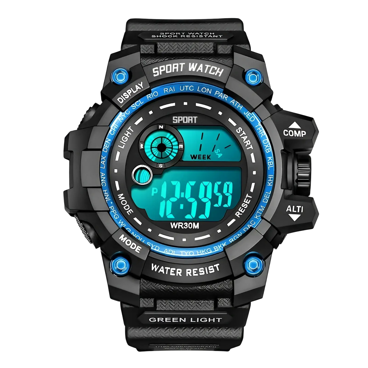Men led digital sport watch black with blue accents featuring a rugged textured design and waterproof durability