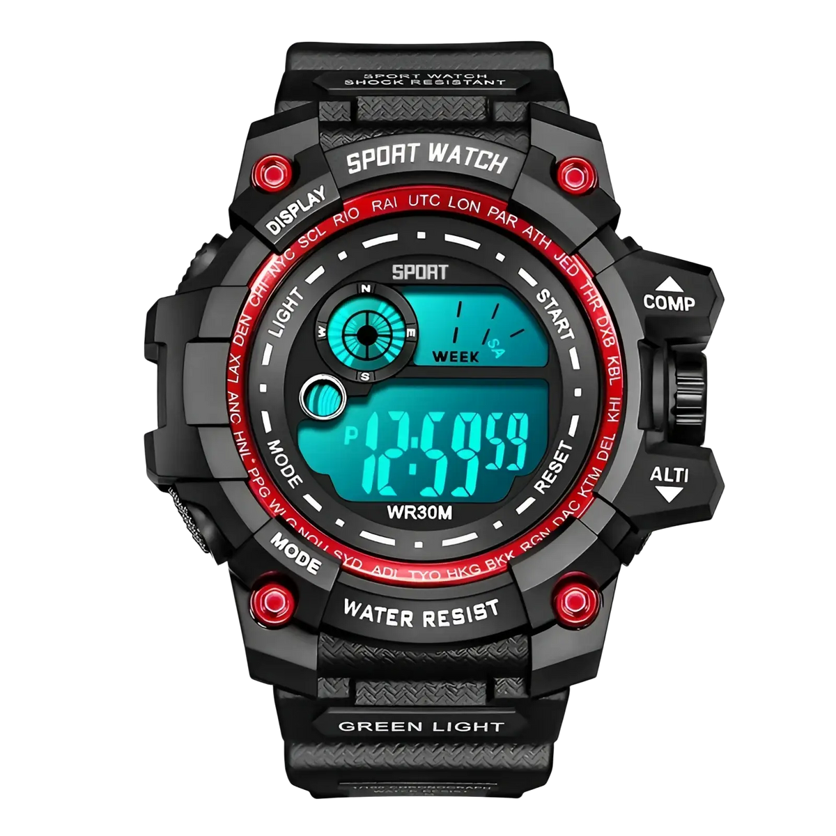 Men led digital sport watch in black and red with rugged case, textured strap, and teal lcd screen waterproof design