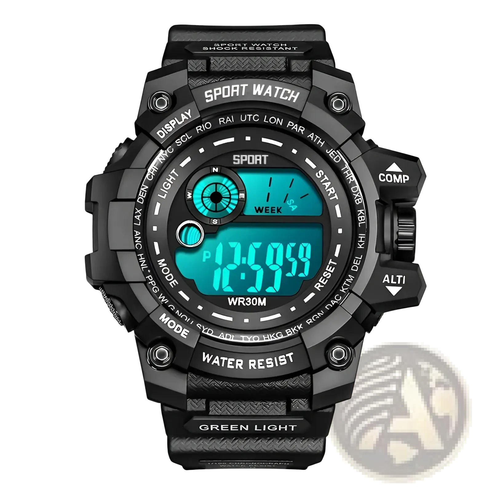 Men led digital sport watch in black with teal lcd screen and rugged textured casing designed for waterproof use