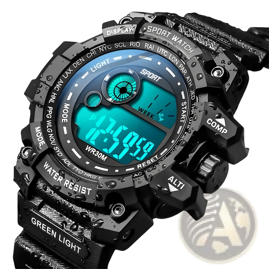Men led digital sport watch black with teal lcd screen and rugged textured waterproof casing for outdoor use