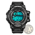 Men led digital sport watch in black with teal lcd screen and rugged textured waterproof casing