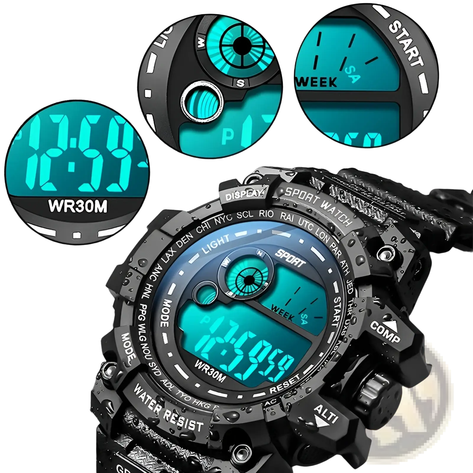 Black led digital sport watch with teal backlight featuring rugged waterproof design for men