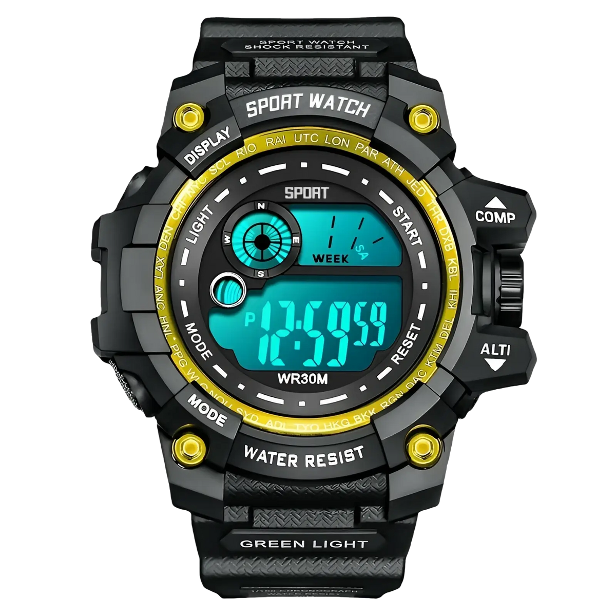 Men led digital sport watch black with yellow accents rugged shock-resistant design and teal backlight display