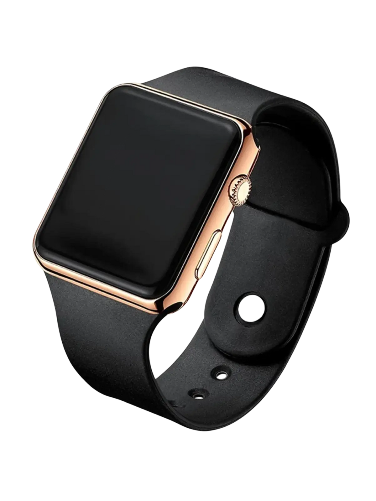 Men led digital watch with black leather strap rose gold bezel side button and silicone band material type battery included