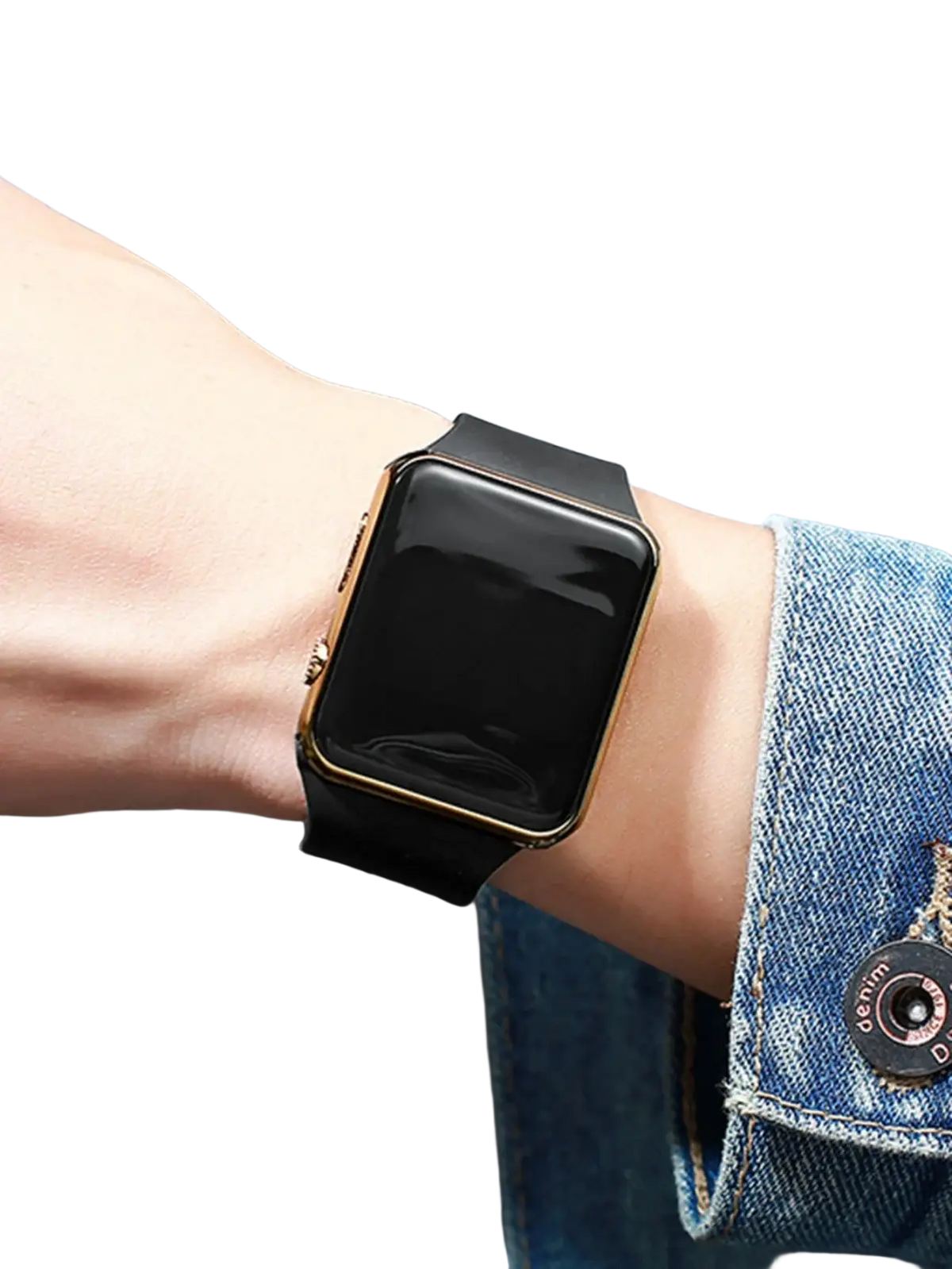 Men led digital watch with rose gold case and black silicone band material type worn on wrist battery included