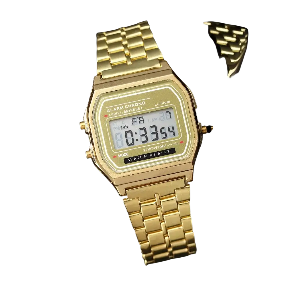 Men led digital watch with gold stainless steel link bracelet and rectangular face displaying white digits on dark background
