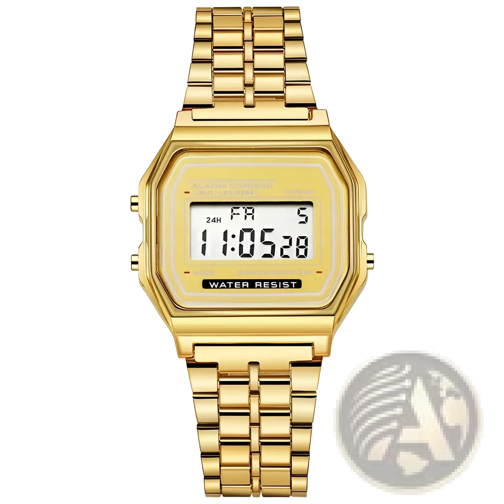 Men led digital watch with gold-colored rectangular face and stainless steel metallic band wristwatch