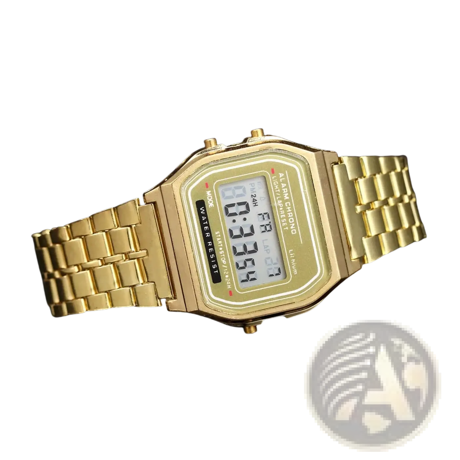 Gold-colored men led digital watch with rectangular face and stainless steel metallic link bracelet