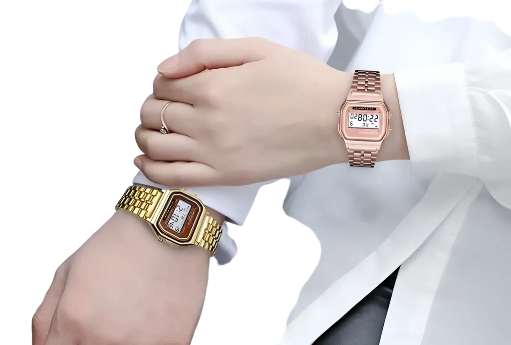 Men led digital watch stainless steel wristwatch featuring gold and rose gold rectangular faces with metallic bands