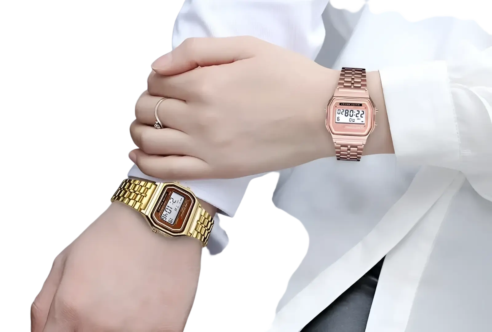 Men led digital watch stainless steel wristwatch featuring gold and rose gold rectangular faces with metallic bands