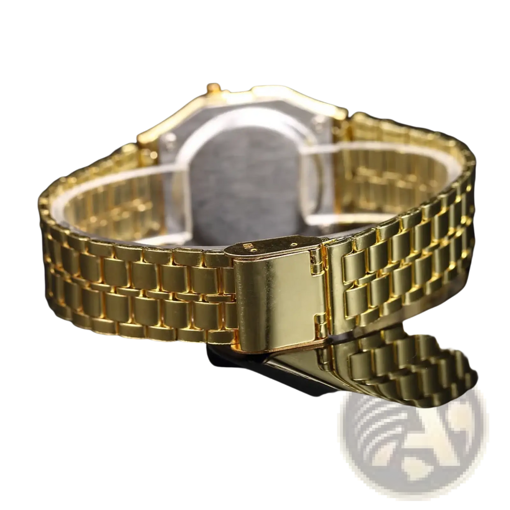 Men led digital watch stainless steel wristwatch featuring a gold-toned metal link band with polished rectangular links