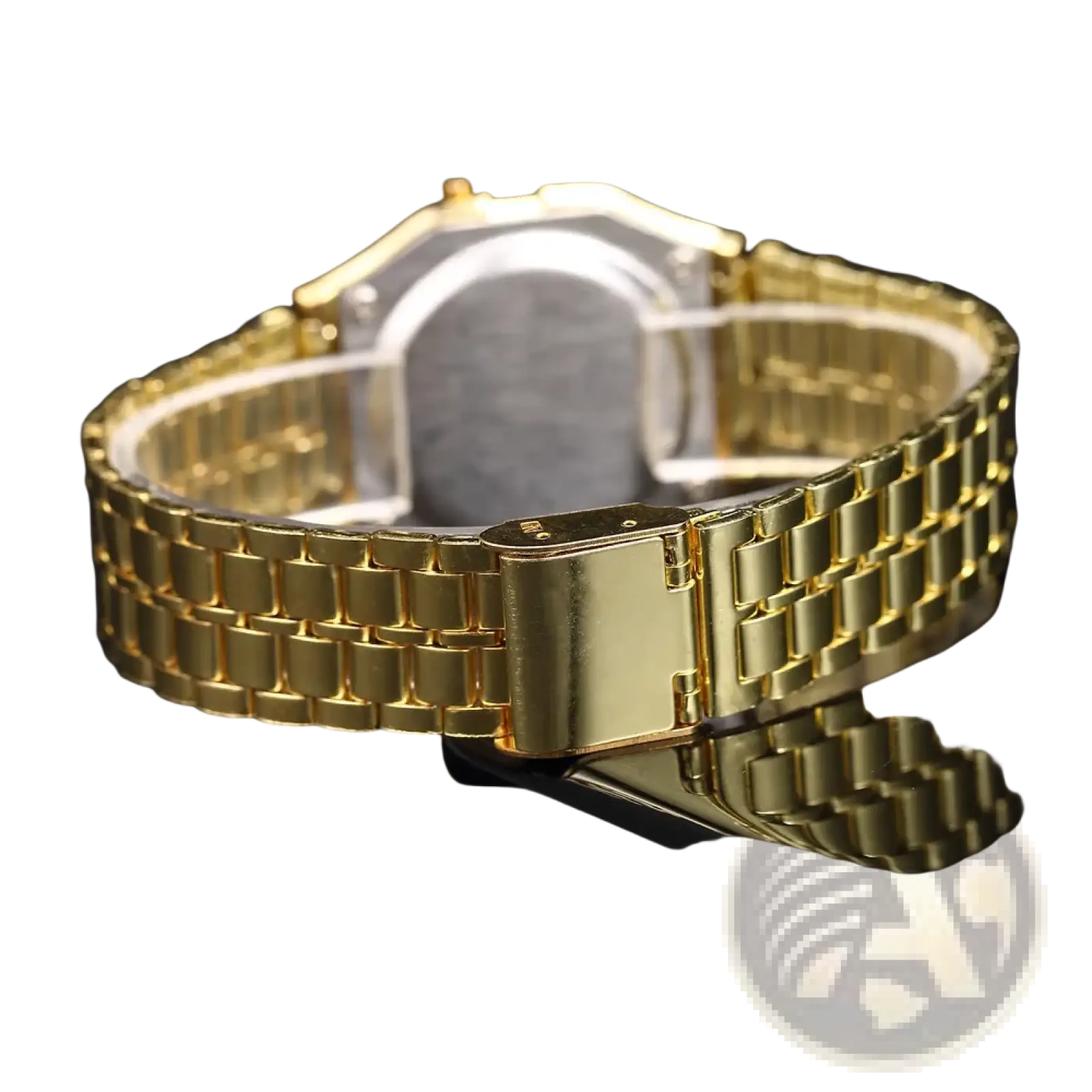Men led digital watch stainless steel wristwatch featuring a gold-toned metal link band with polished rectangular links