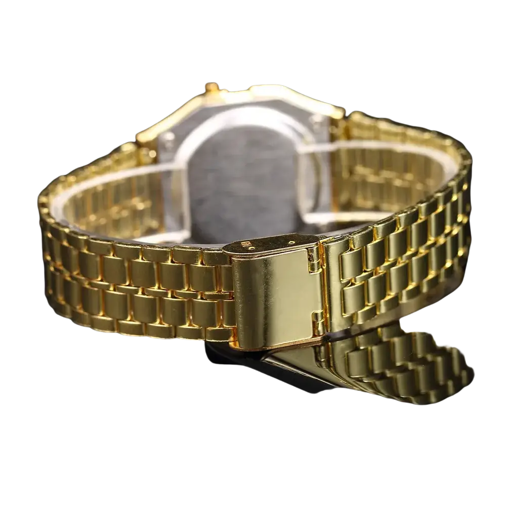 Men led digital watch stainless steel wristwatch with gold-toned metal link band and polished reflective surface