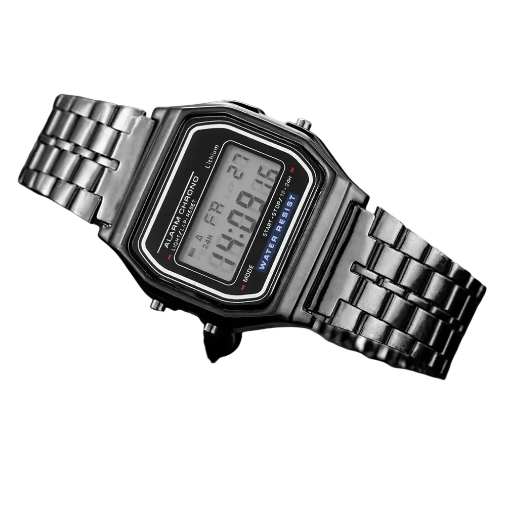 Men led digital watch stainless steel wristwatch with silver rectangular case black display and metallic link bracelet