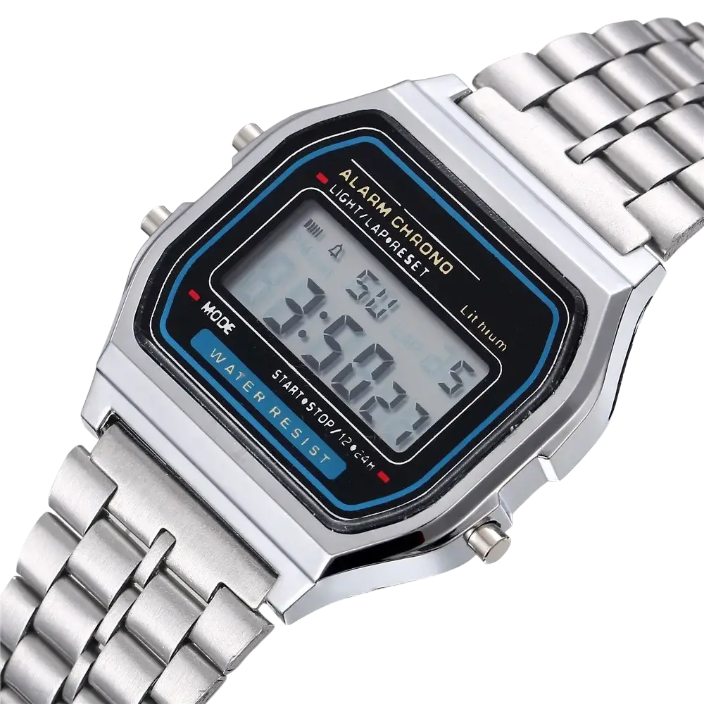Men led digital watch stainless steel wristwatch with silver rectangular case black display and blue border accents