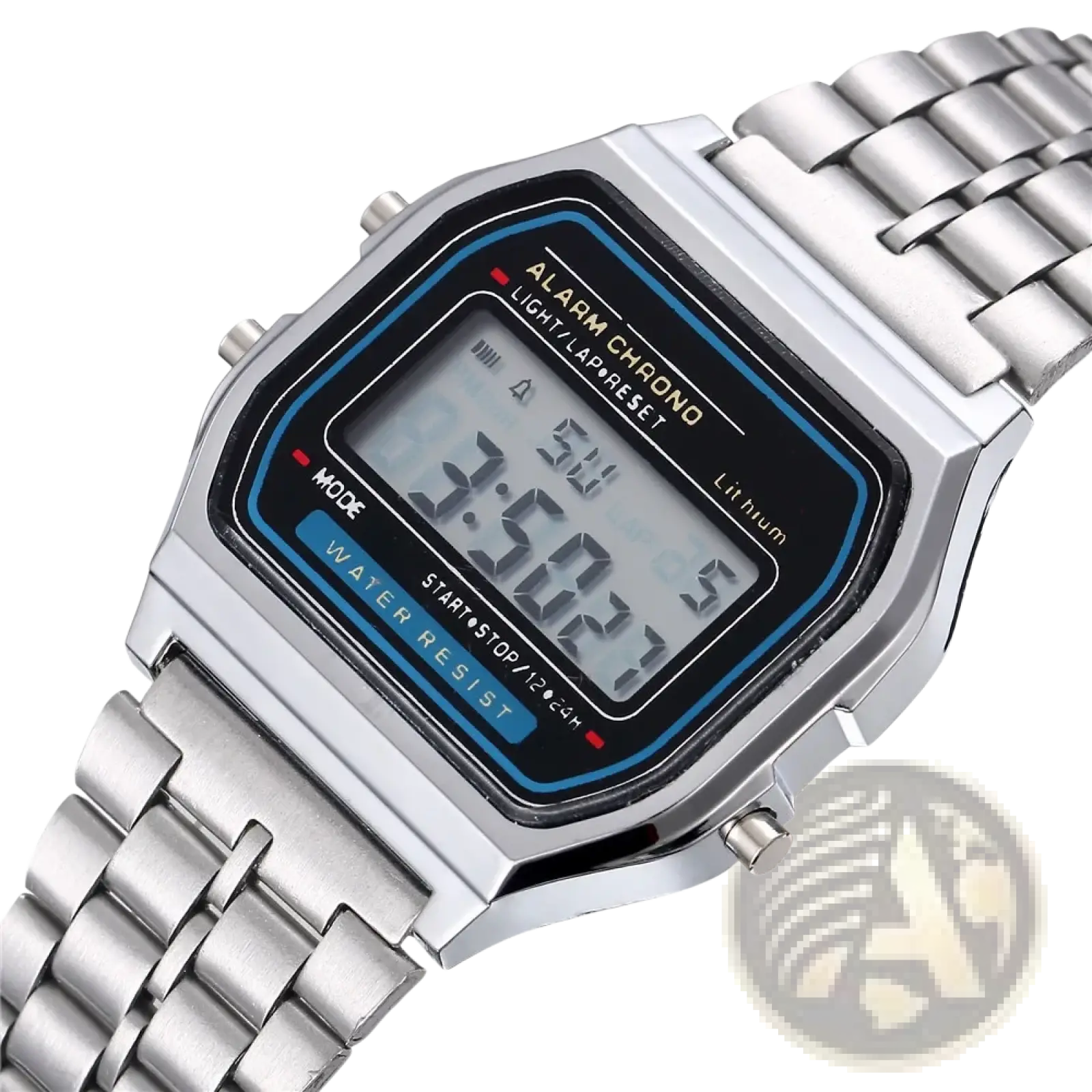 Men led digital watch stainless steel wristwatch with silver rectangular case black display and blue border accents