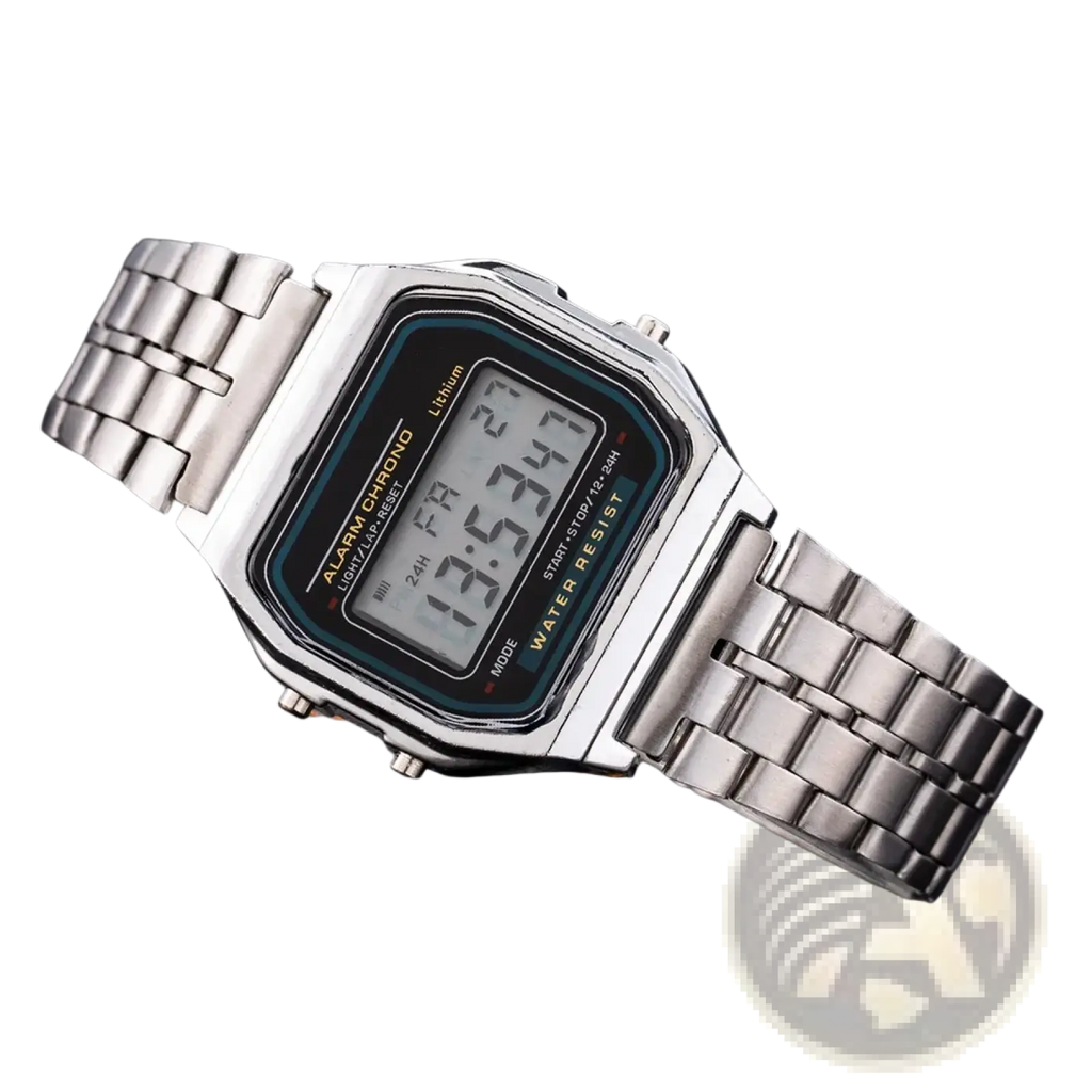 Silver men LED digital watch with rectangular black display and stainless steel metallic link bracelet