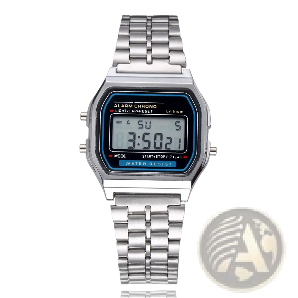 Men led digital watch stainless steel wristwatch with silver rectangular case and blue-lit display screen