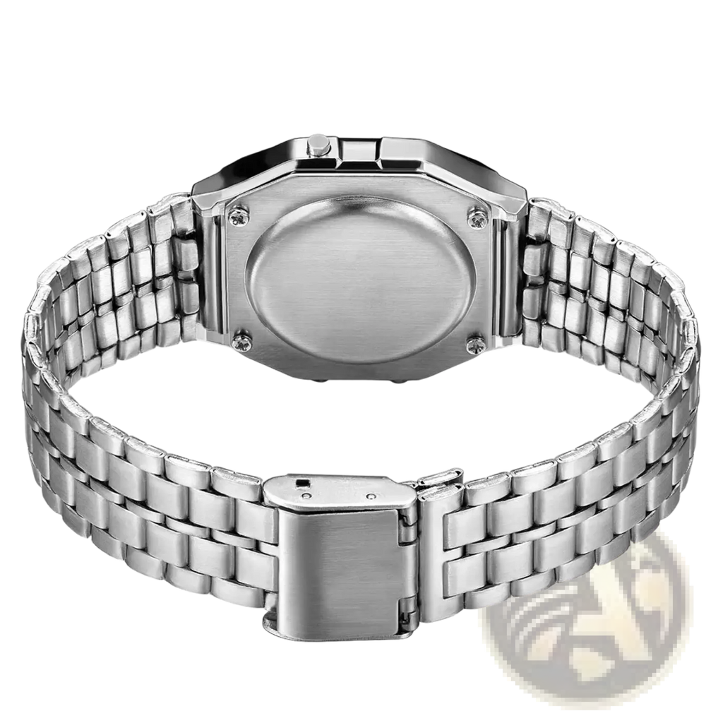 Silver-toned stainless steel men led digital watch with rectangular case and interlocking link bracelet