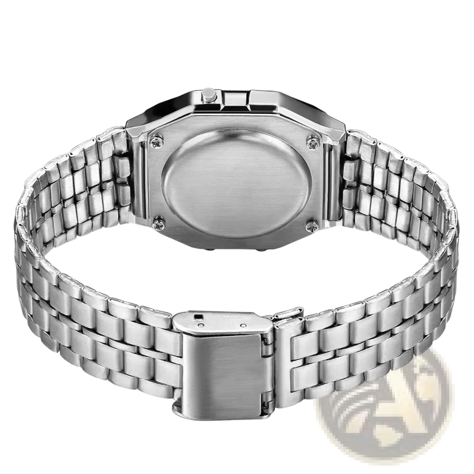 Silver-toned stainless steel men led digital watch with rectangular case and interlocking link bracelet
