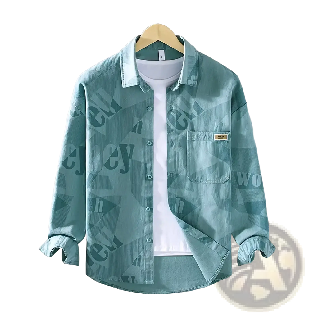 Men letter print denim cardigan shirt in teal with long sleeves chest pocket and subtle geometric letter pattern