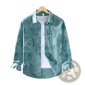 Men letter print denim cardigan shirt in teal with long sleeves chest pocket and subtle geometric letter pattern
