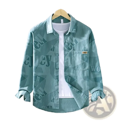 Men letter print denim cardigan shirt in teal with long sleeves chest pocket and subtle geometric letter pattern