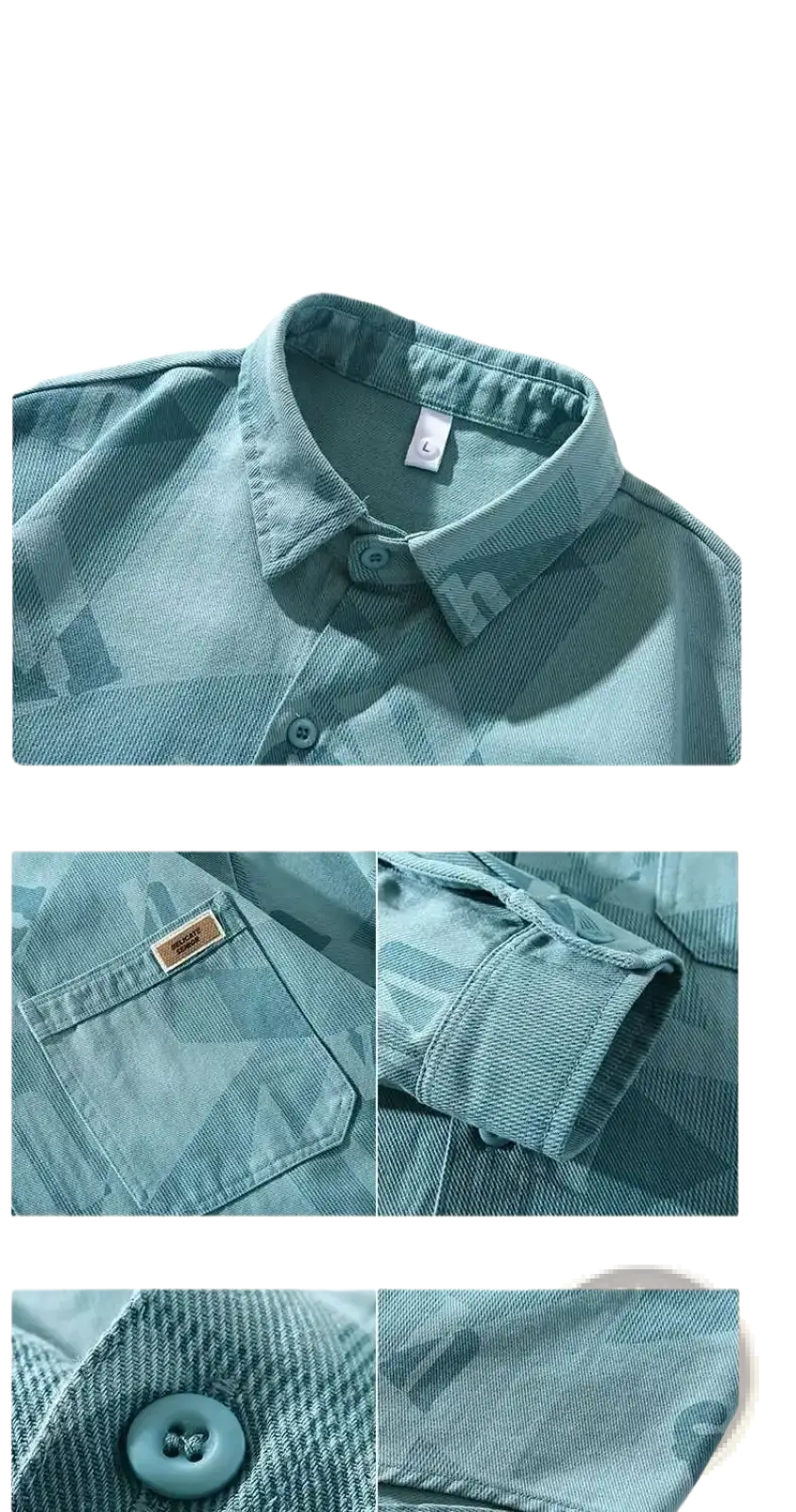 Men letter print denim cardigan shirt in light blue with subtle geometric pattern classic collar and buttoned cuffs