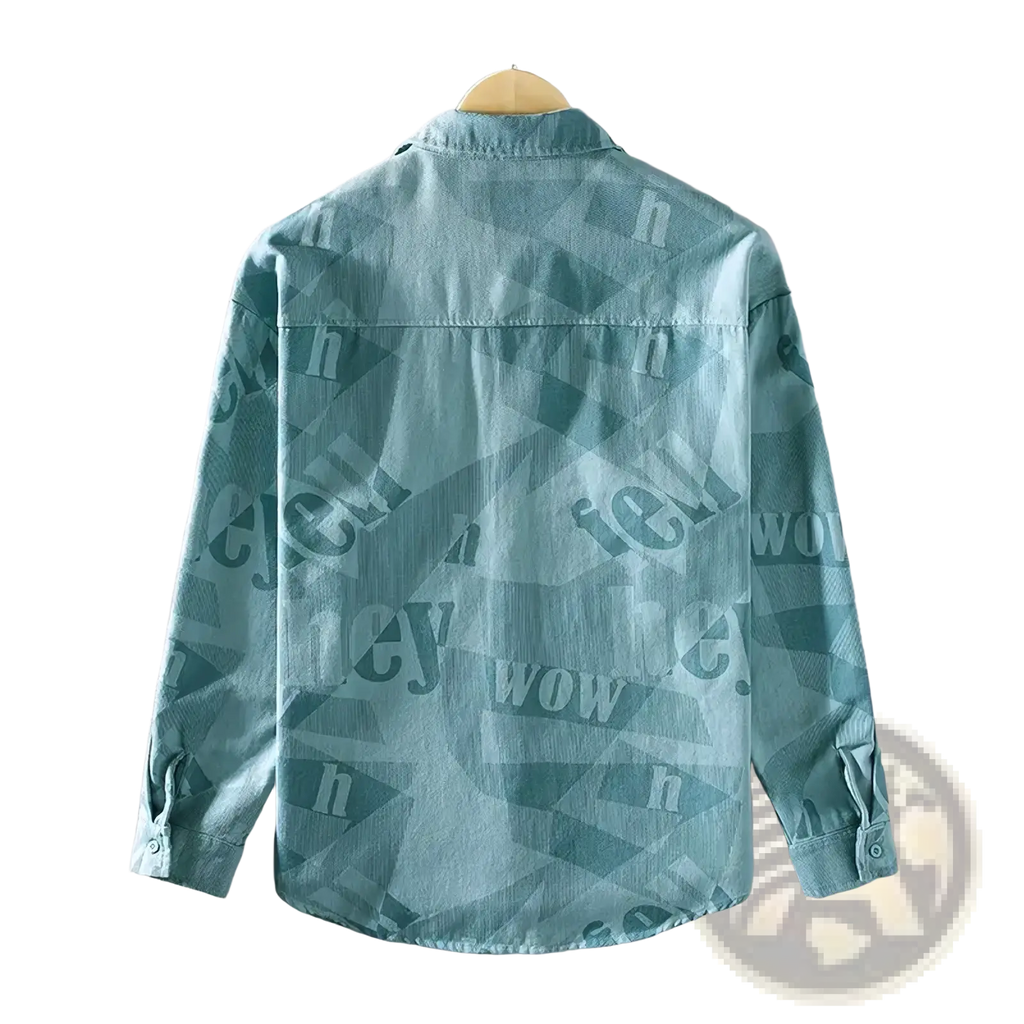 Men letter print denim cardigan shirt in light teal with a repeating geometric pattern of faded darker text