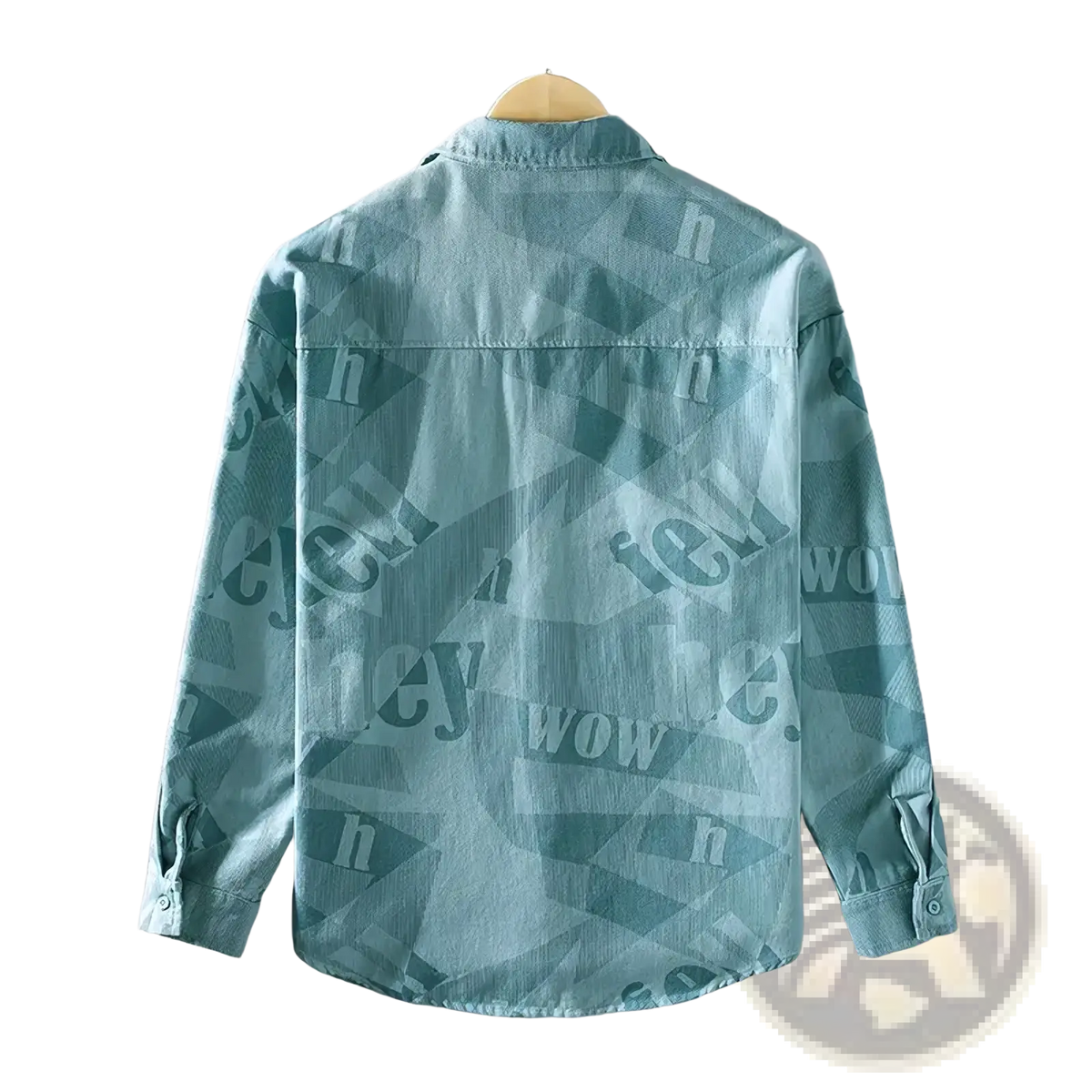 Men letter print denim cardigan shirt in light teal with a repeating geometric pattern of faded darker text