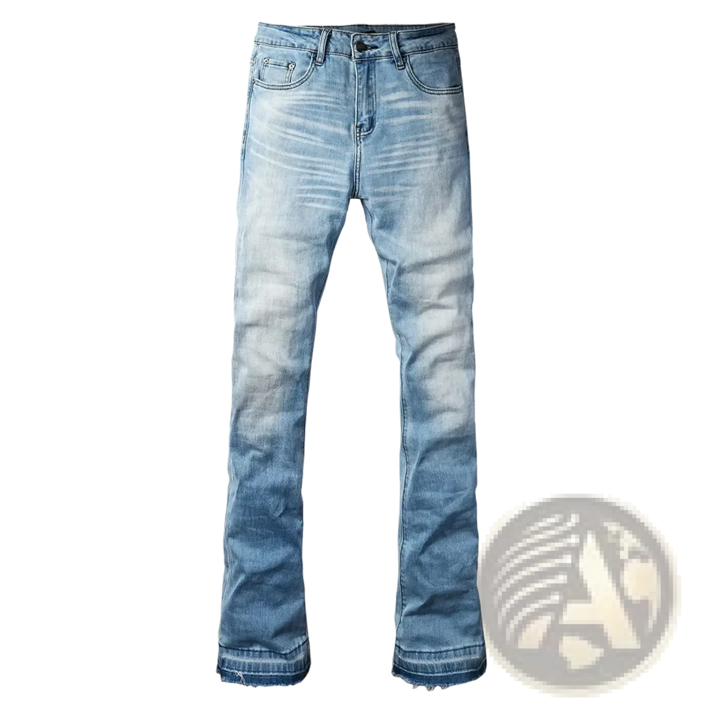 Men light blue bootcut jeans in light-wash denim with frayed hem and flared leg cut