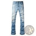 Men light blue bootcut jeans in light-wash denim with frayed hem and flared leg cut
