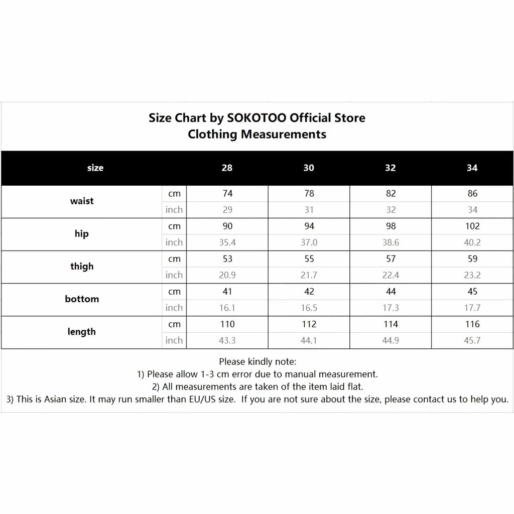 Size chart for Sokotoo official store men light blue bootcut frayed hem denim jeans with measurements in cm and inches