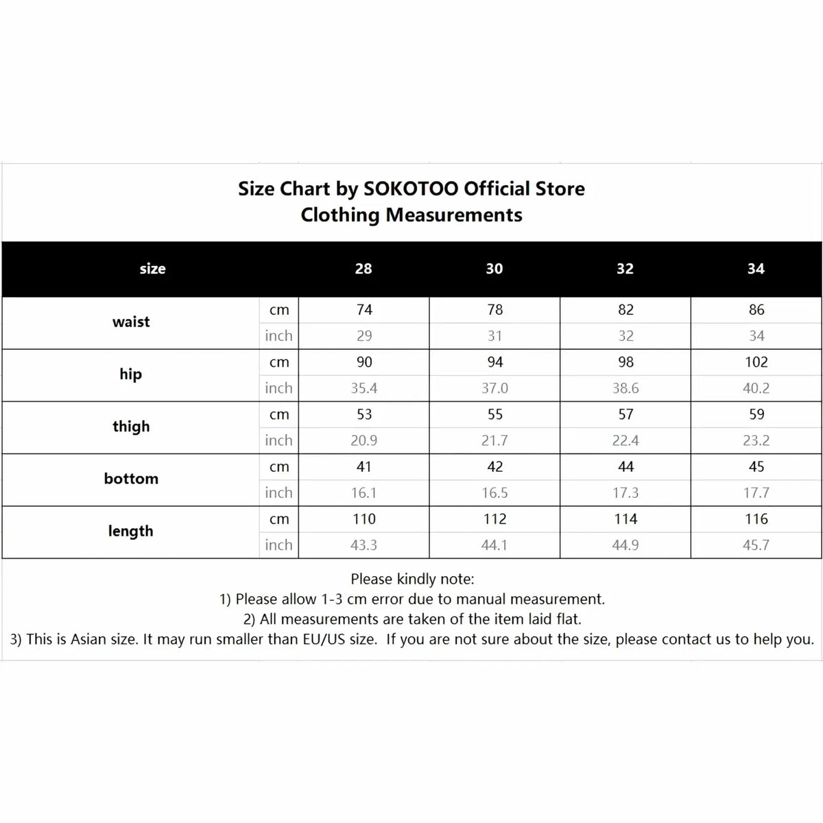 Size chart for Sokotoo official store men light blue bootcut frayed hem denim jeans with measurements in cm and inches