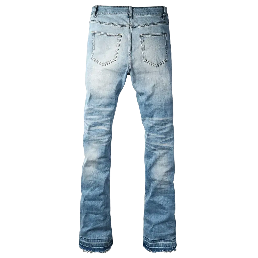 Men light blue bootcut jeans in light-wash denim with a faded distressed look and frayed hems