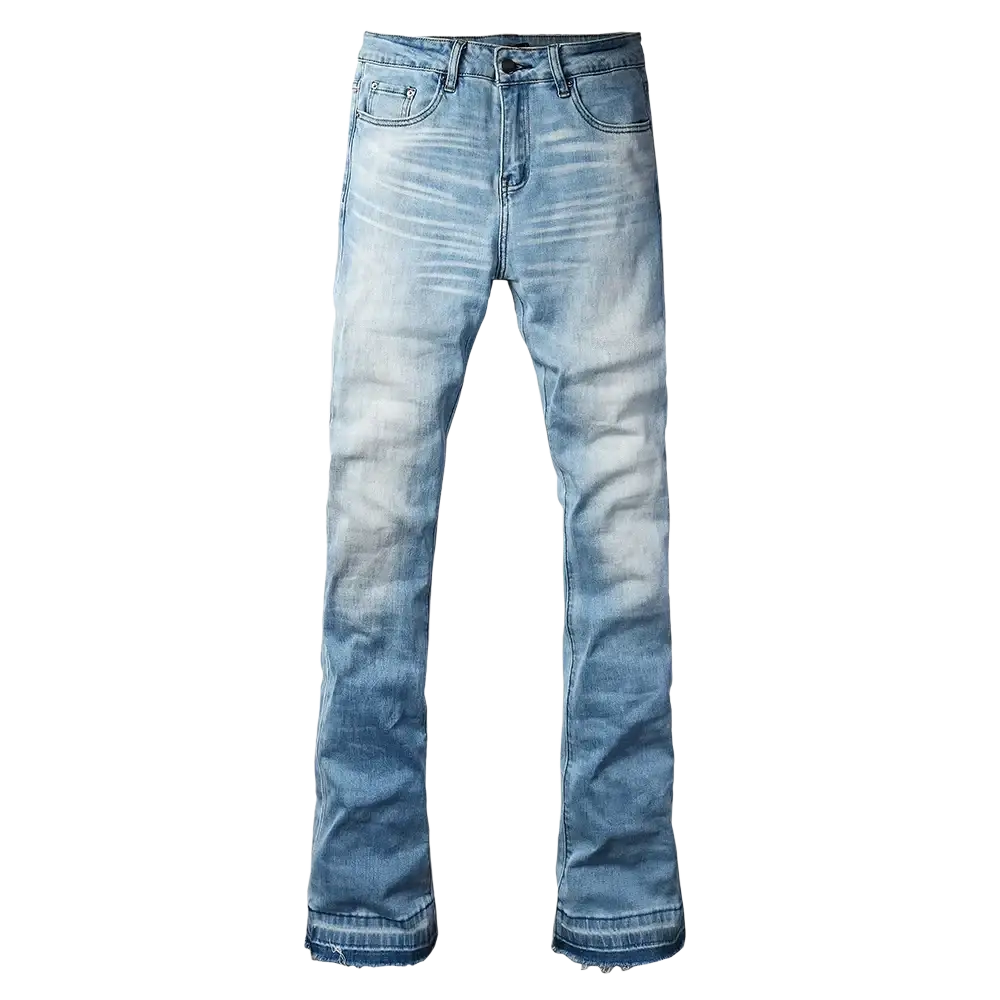 Men light blue bootcut jeans in light-wash denim with frayed hem and flared leg cut
