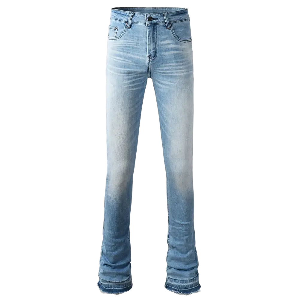 Men light blue bootcut jeans made of denim featuring a flared leg cut and frayed hem cuffs