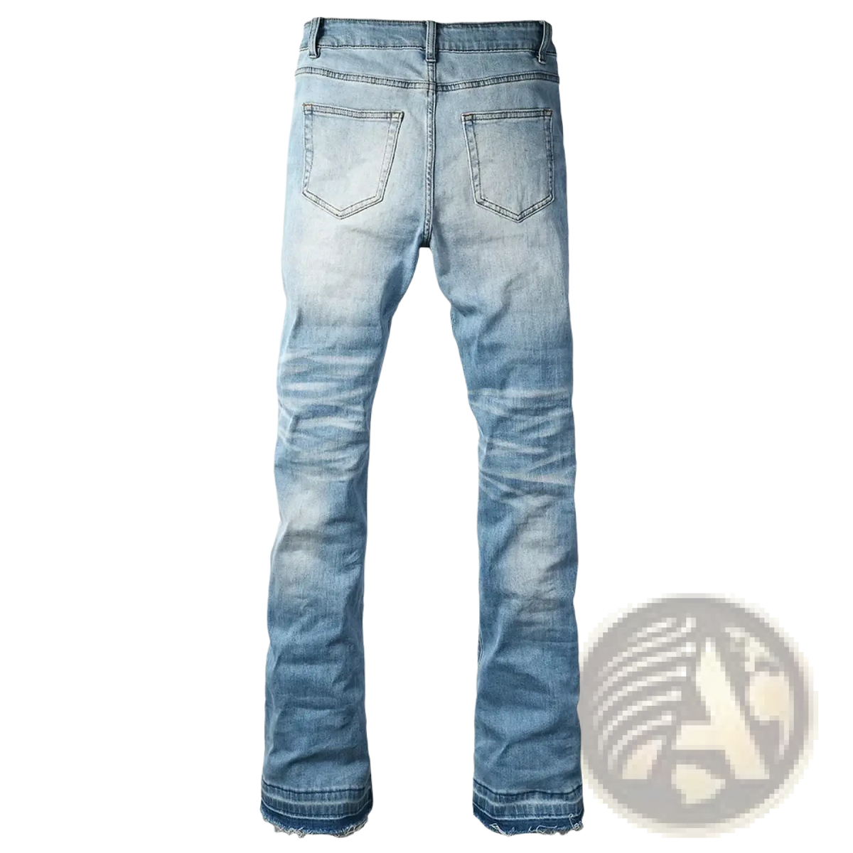 Men light blue bootcut jeans in light-wash denim with a faded distressed look and frayed hems