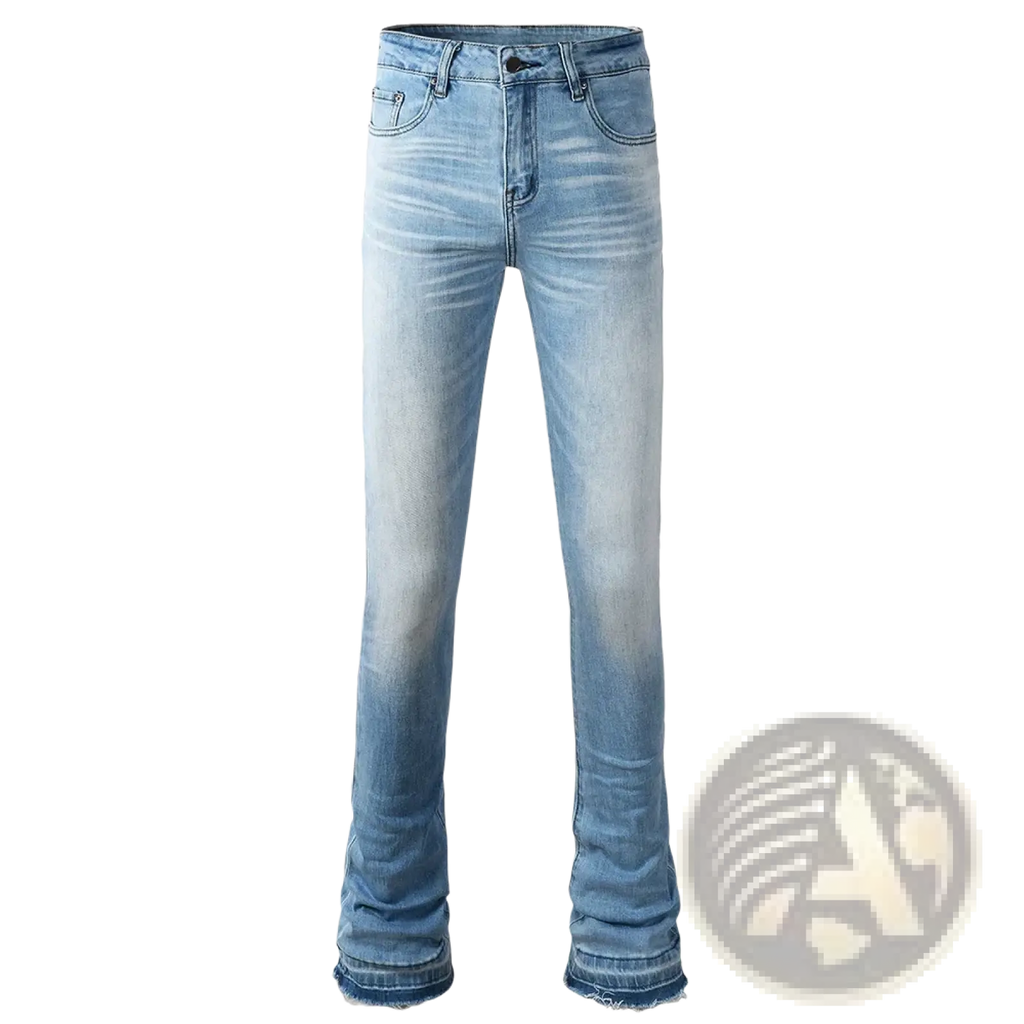 Men light blue bootcut jeans made of denim featuring a flared leg cut and frayed hem cuffs