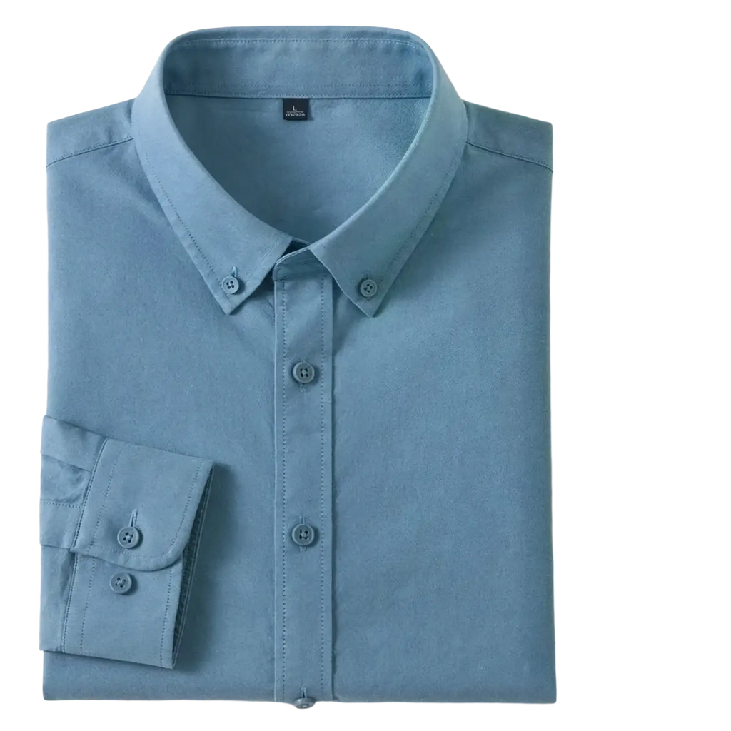 Men light blue cotton oxford shirt slim fit with classic collar neatly folded made from soft cotton fabric