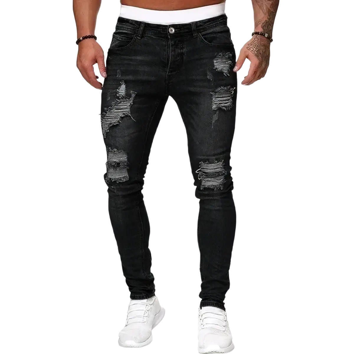 Men black distressed denim jeans with ripped knee details ideal for casual wear
