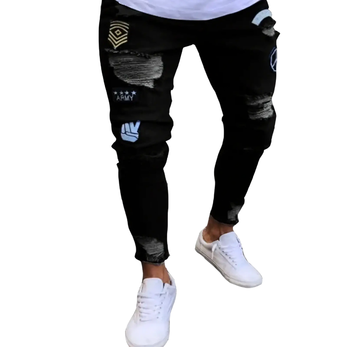 Men light blue distressed ripped jeans with black denim and gold and blue embroidered military and army patches