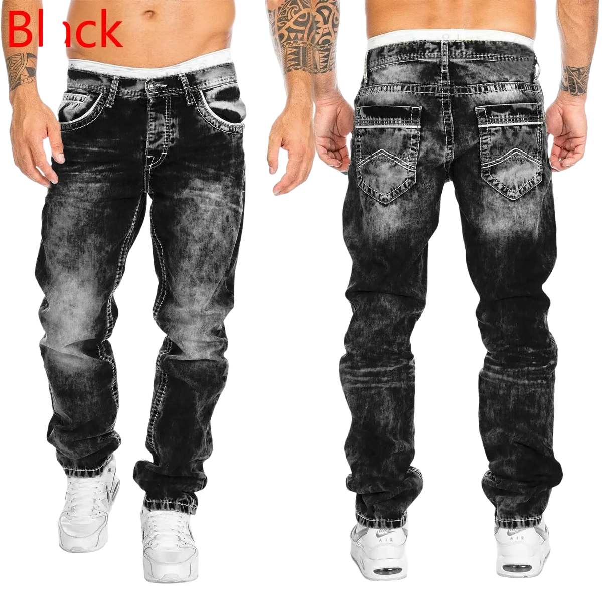 Men light blue distressed ripped jeans with faded wash and white stitching casual denim pants front view