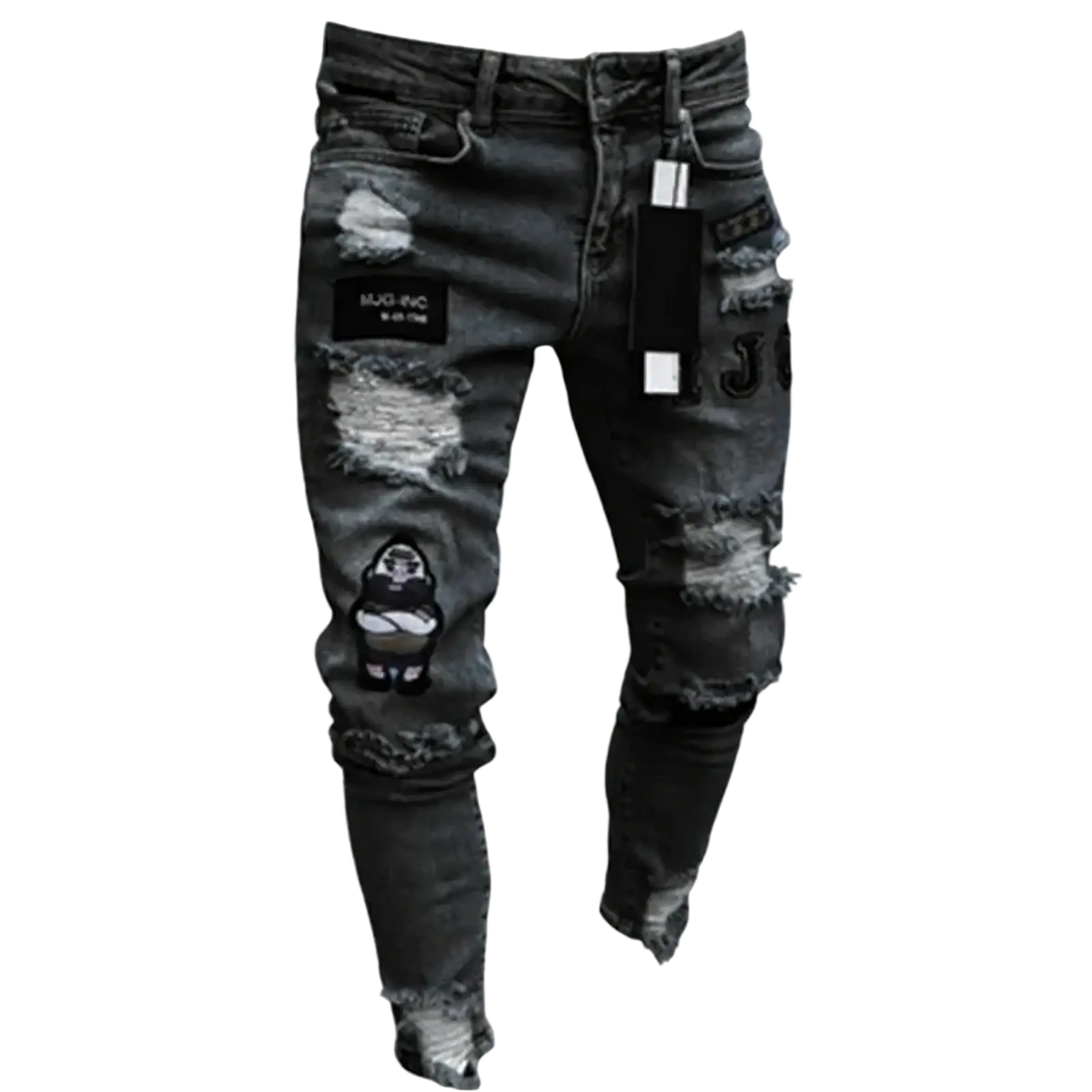 Men light blue distressed ripped jeans in black denim featuring frayed design and embroidered cartoon patches