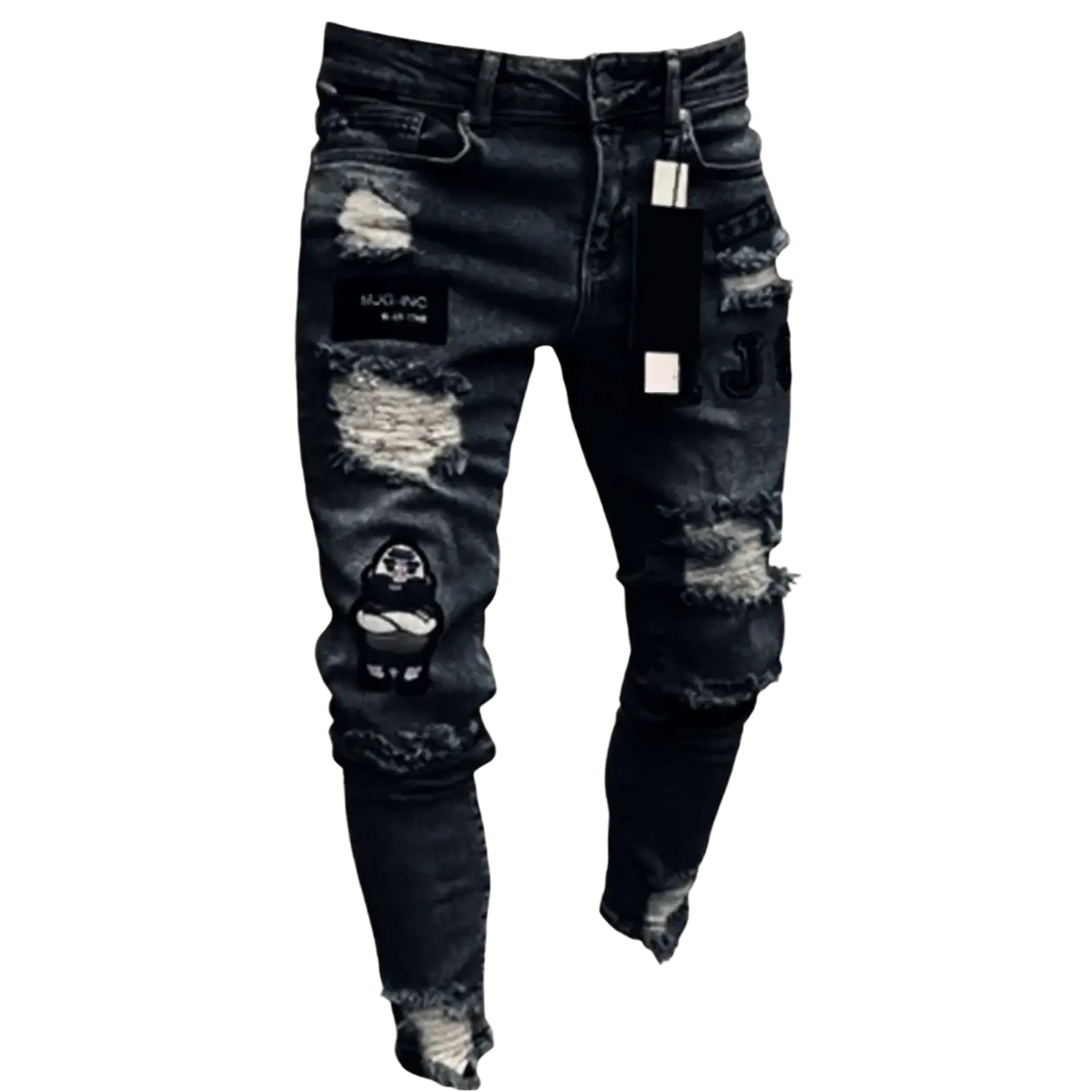 Black distressed denim jeans with ripped knees and a gorilla patch on the left thigh featuring faded white stitching