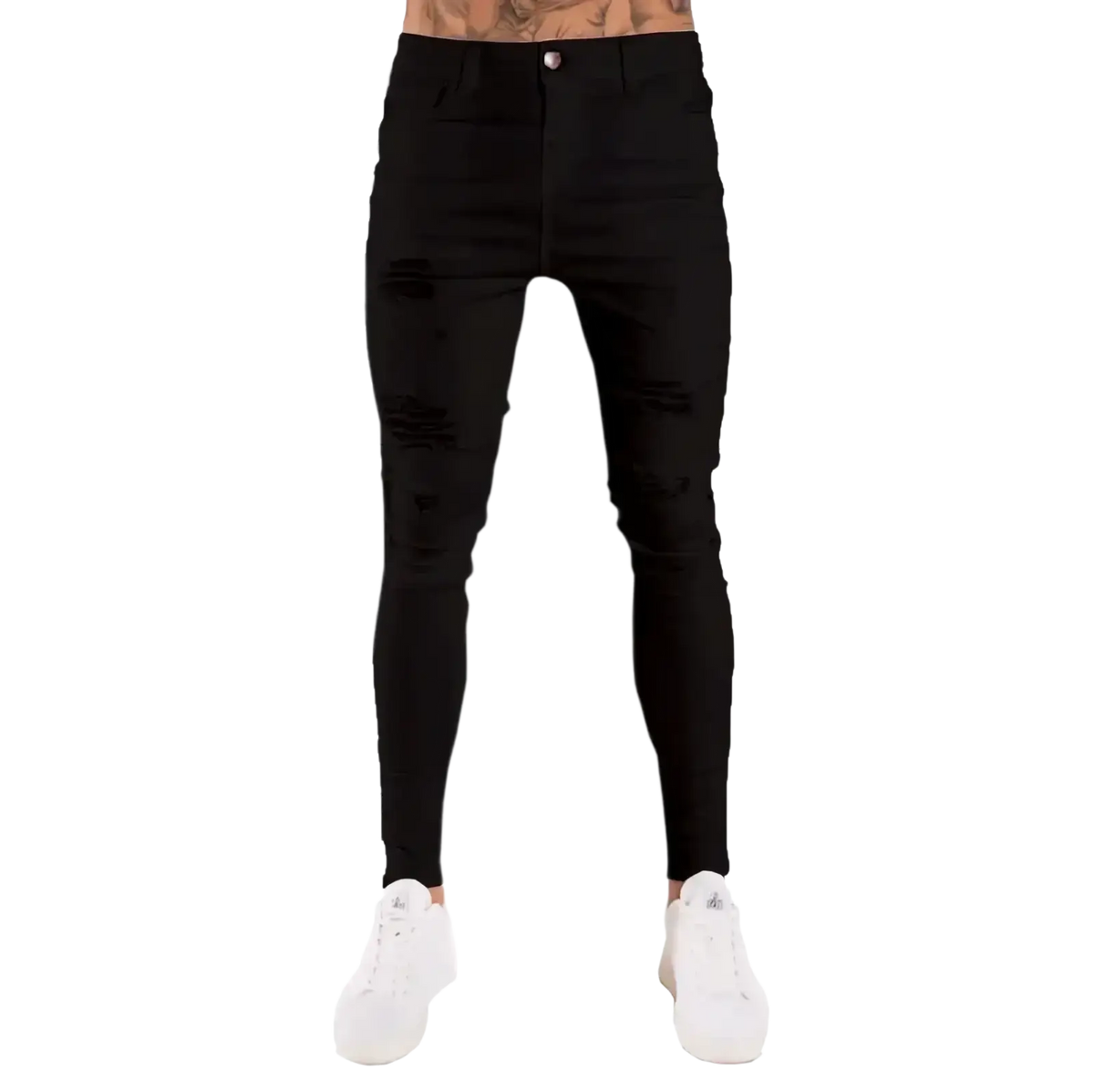 Black distressed skinny jeans with slim fit and ripped details for men light blue casual wear