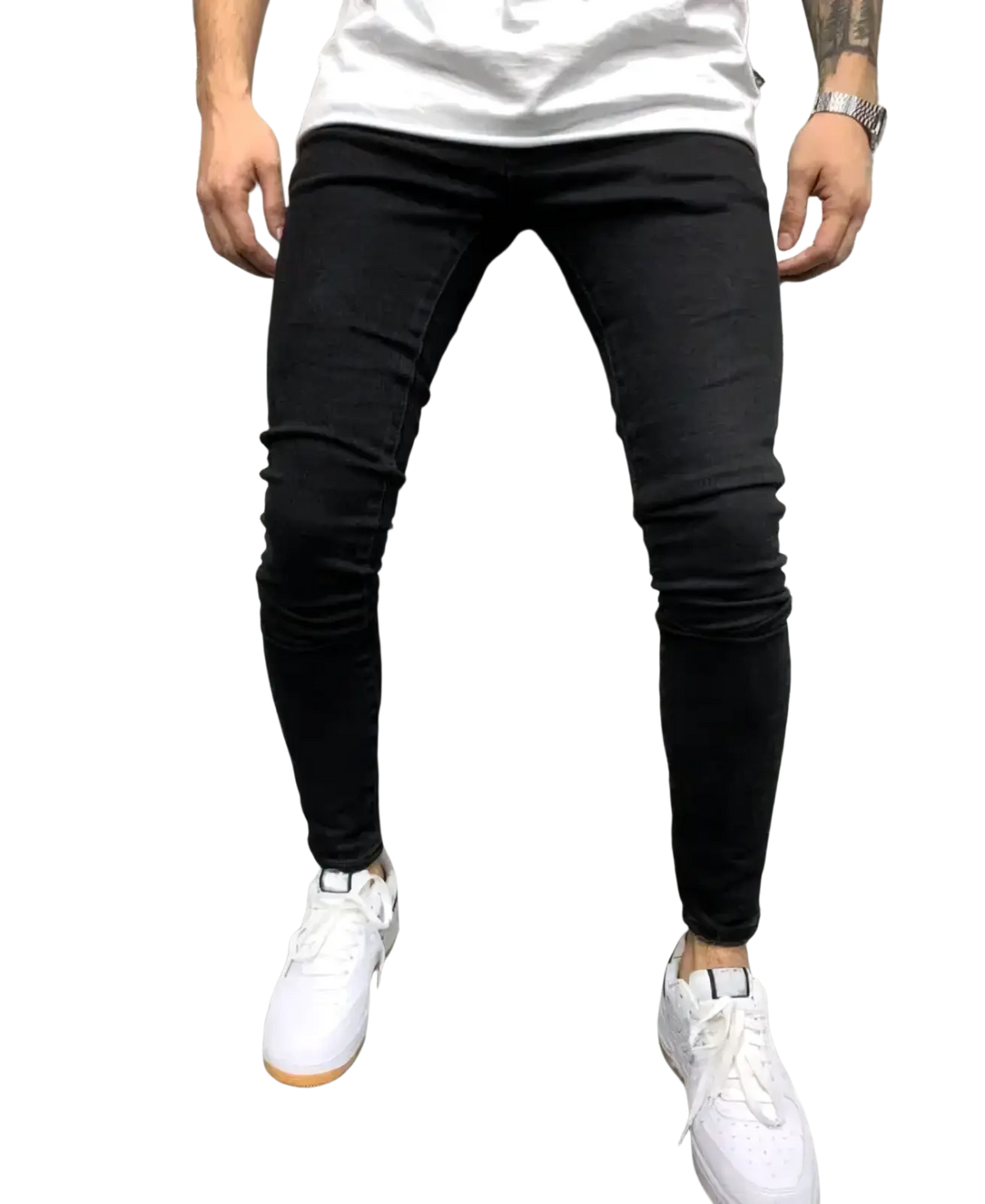 Men light blue distressed ripped jeans casual featuring black skinny-fit denim with slim form-fitting cut and subtle fading