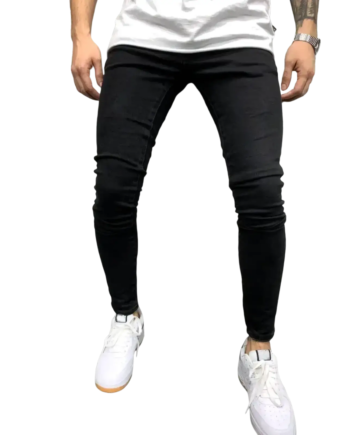 Black slim-fit jeans with modern tapered design complement men light blue distressed ripped jeans casual style