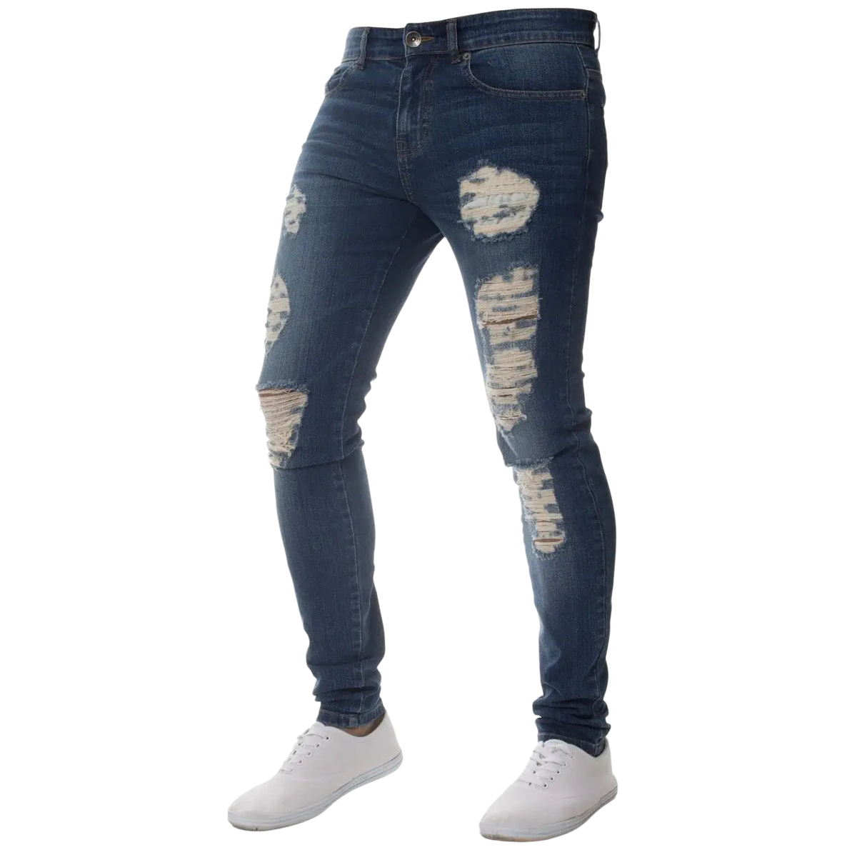 Men light blue distressed ripped skinny jeans featuring multiple ripped patches on thighs and knees for casual wear