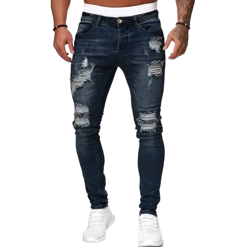 Men light blue distressed ripped jeans with dark blue distressed skinny fit and classic five-pocket design
